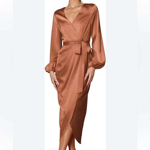 Satin Dress Deep V-Neck Long Sleeve Tie Waist Split Midi Dress W. - Picture 3 of 13